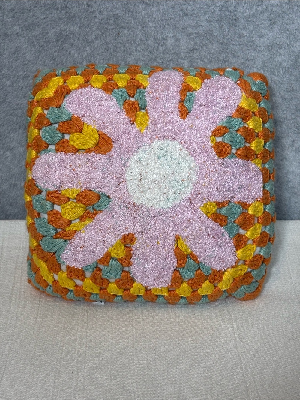 Urban Outfitters Retro Flower Mini Crochet Throw Pillow-Orange Multi-10”x10”